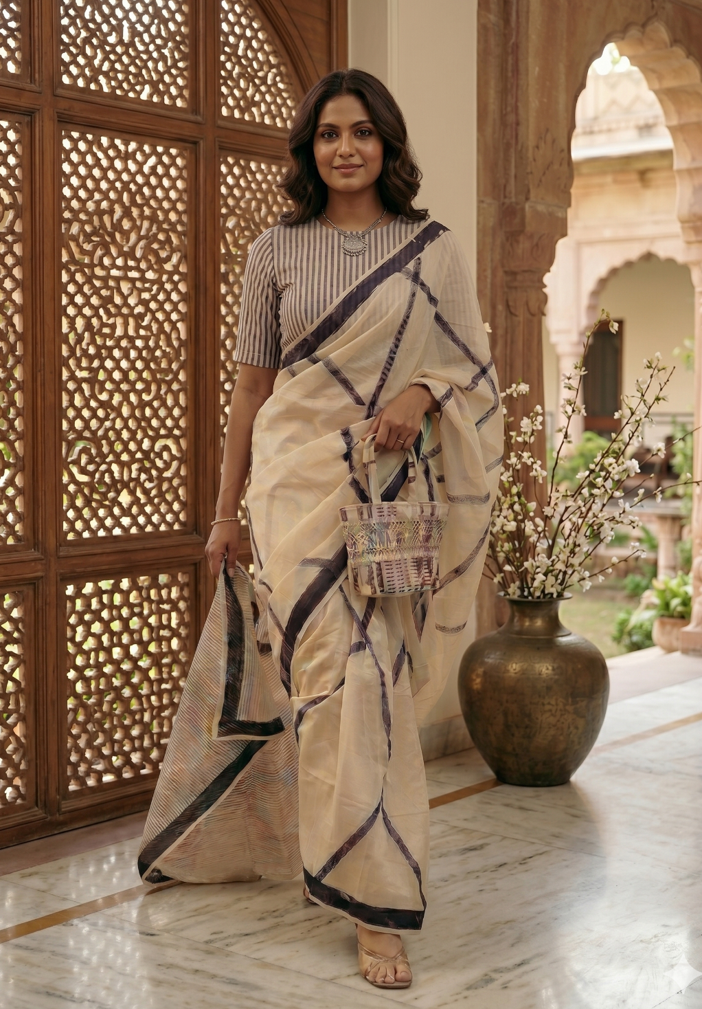 Crossroads Beige Saree with Half Sleeves Blouse