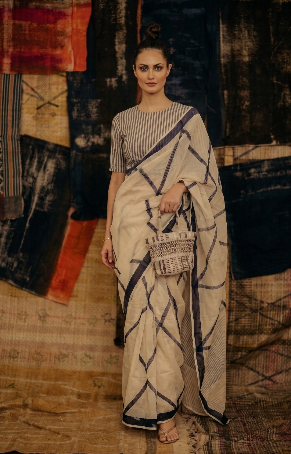 Crossroads Beige Saree with Half Sleeves Blouse