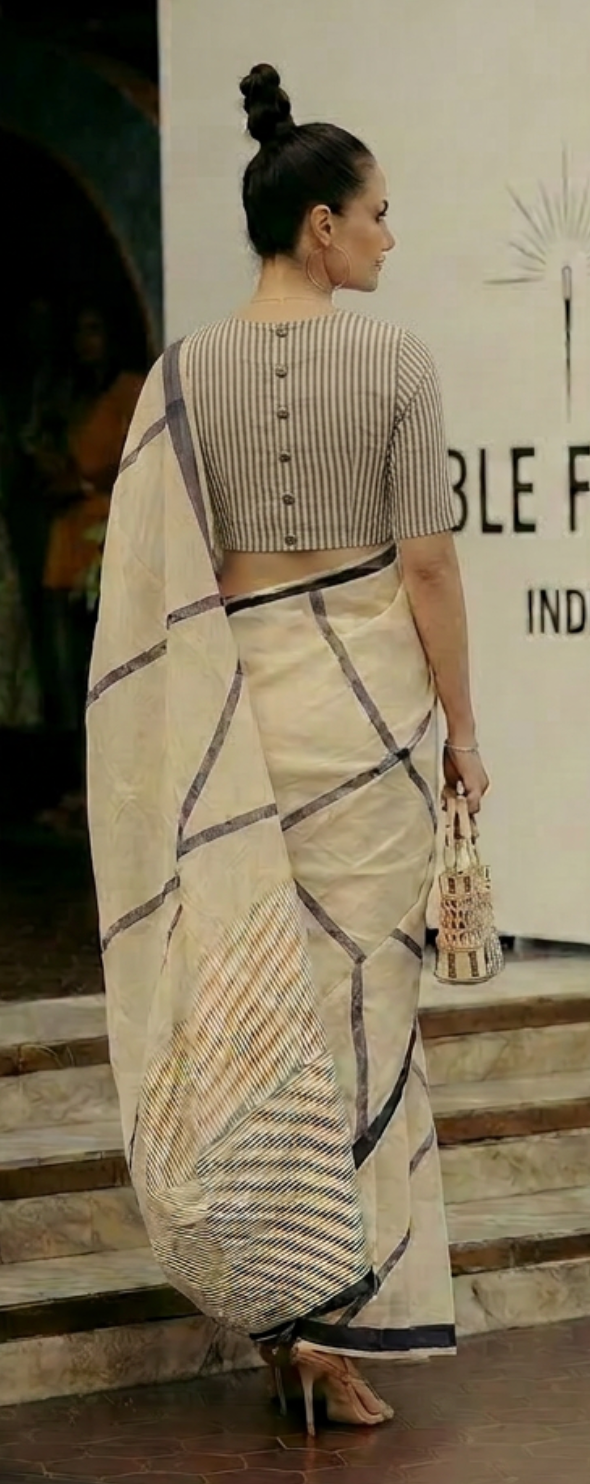 Crossroads Beige Saree with Half Sleeves Blouse