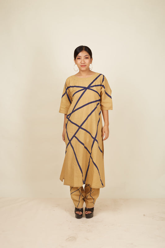 Crossroads Beige Strike Cotton Kurta and Pant Set