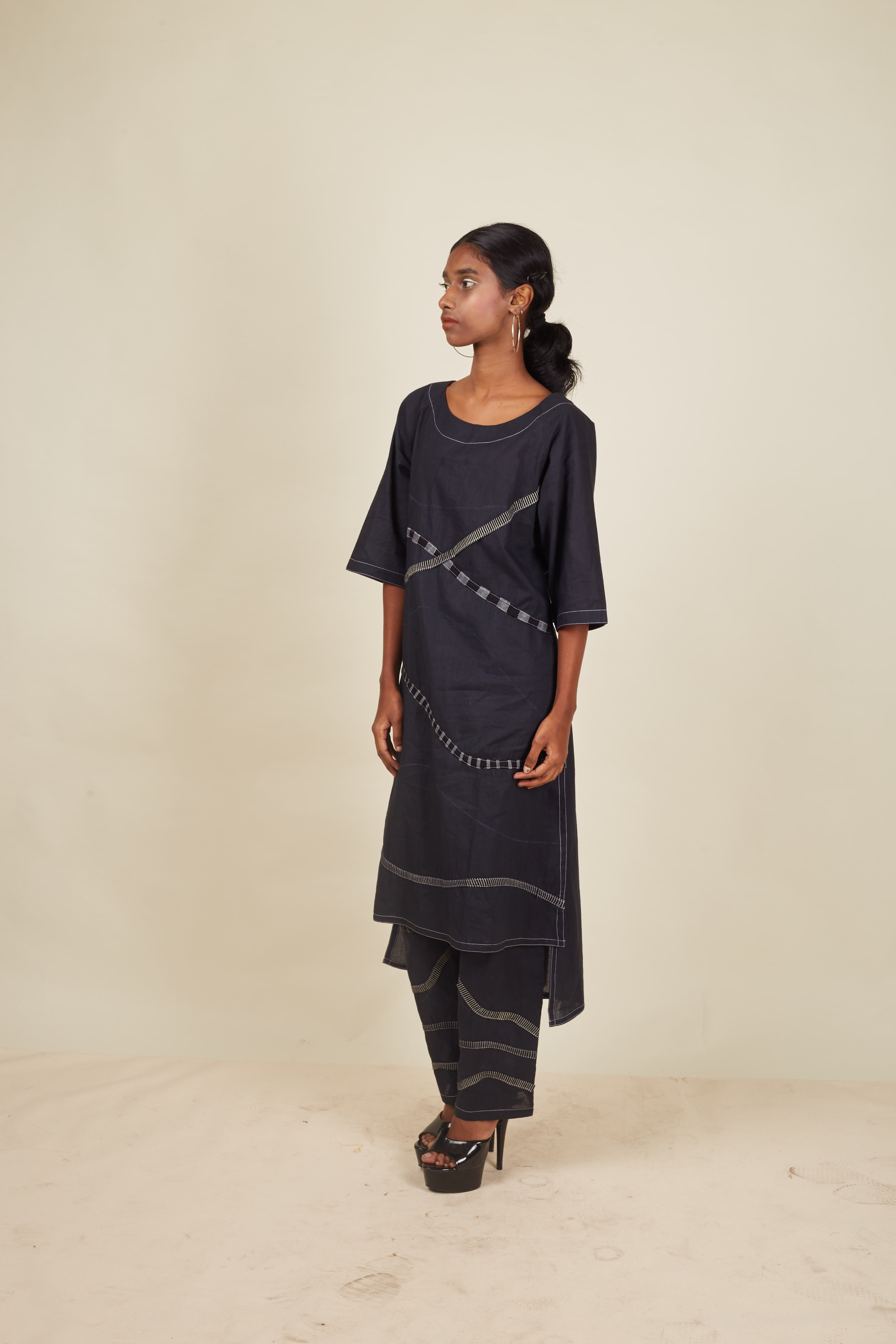 Crossroads Black Charcoal Wave Kurta and Pant Set