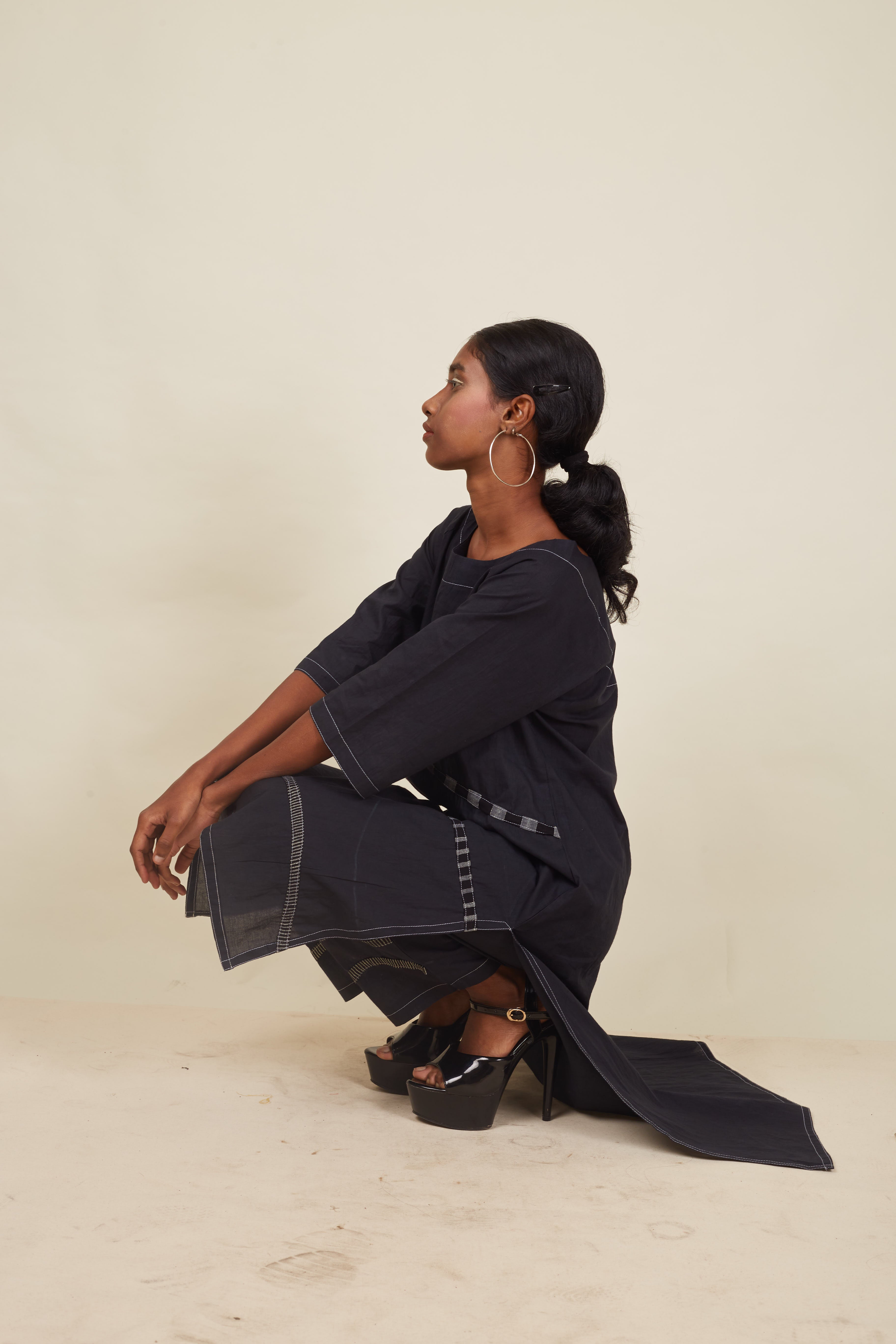 Crossroads Black Charcoal Wave Kurta and Pant Set
