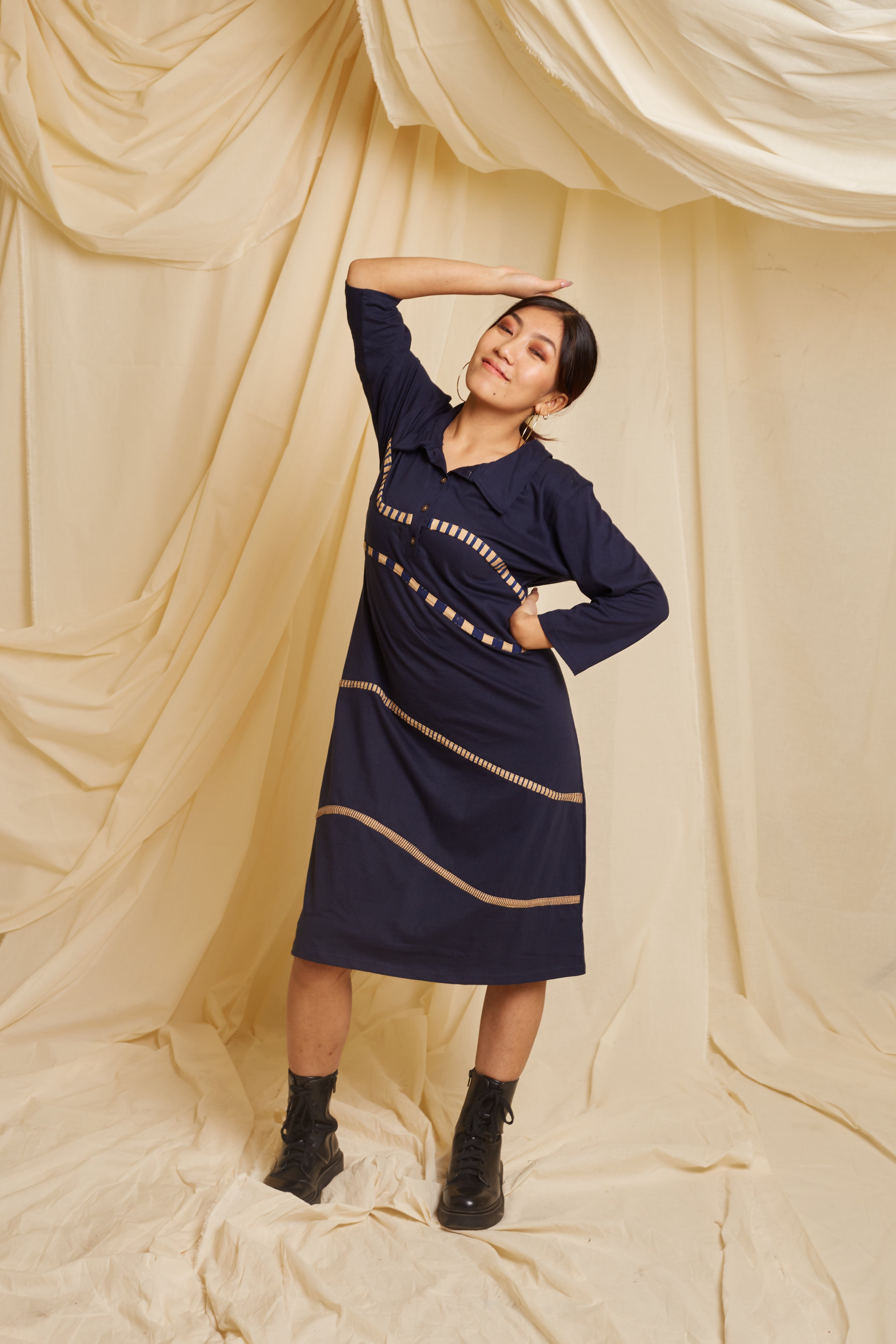 Crossroads Navy- Beige Knit Wave Dress