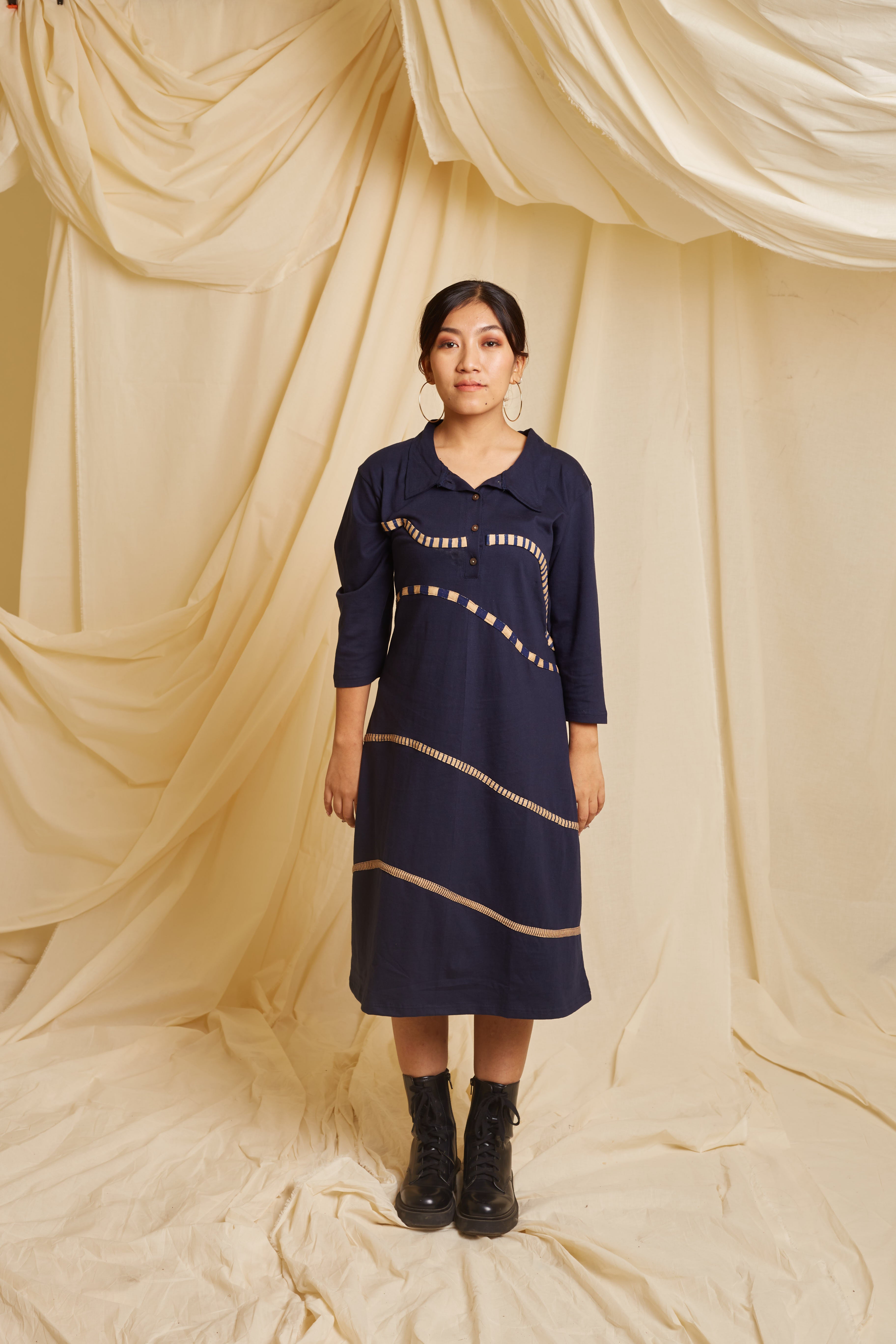 Crossroads Navy- Beige Knit Wave Dress