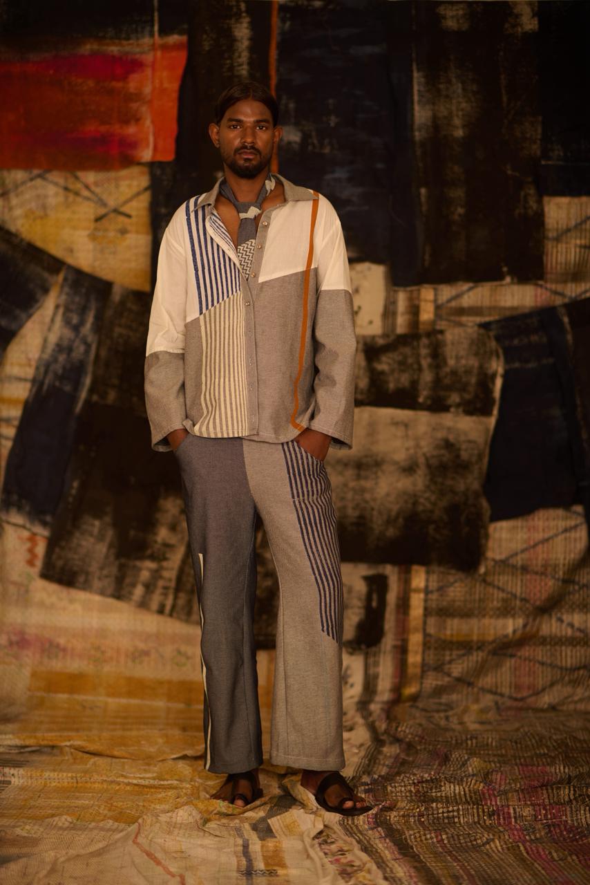 Half and Half Denim Coordinate, Shirt and Pants (Set of 2)