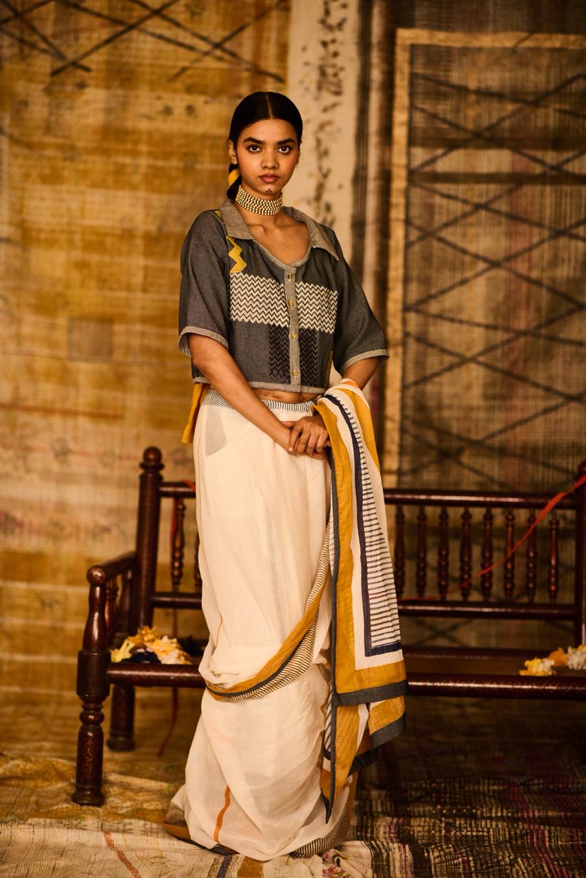 Sequence Alignment Saree with Denim Crop Blouse