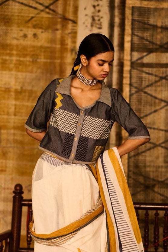 Sequence Alignment Saree with Denim Crop Blouse