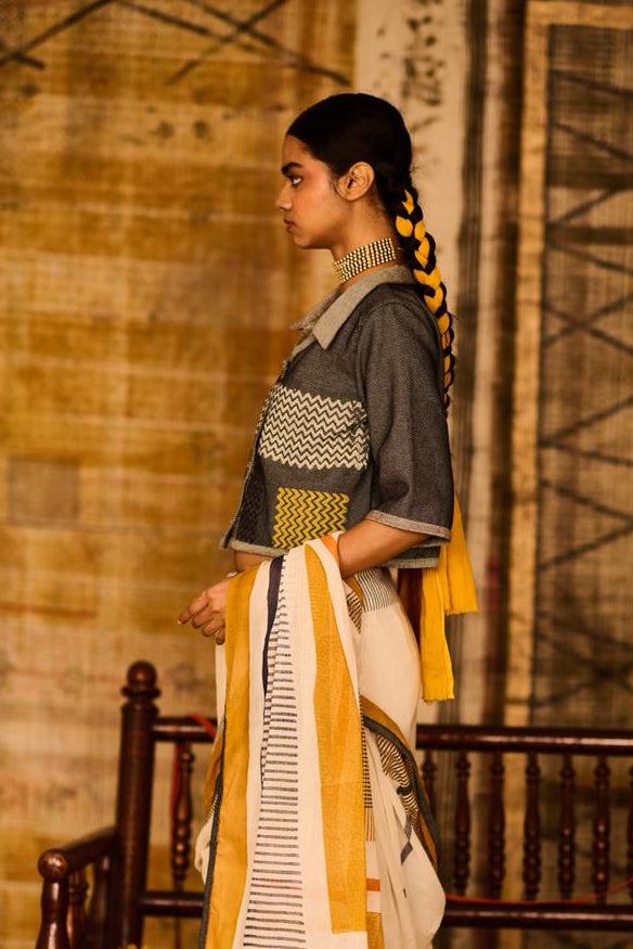 Sequence Alignment Saree with Denim Crop Blouse