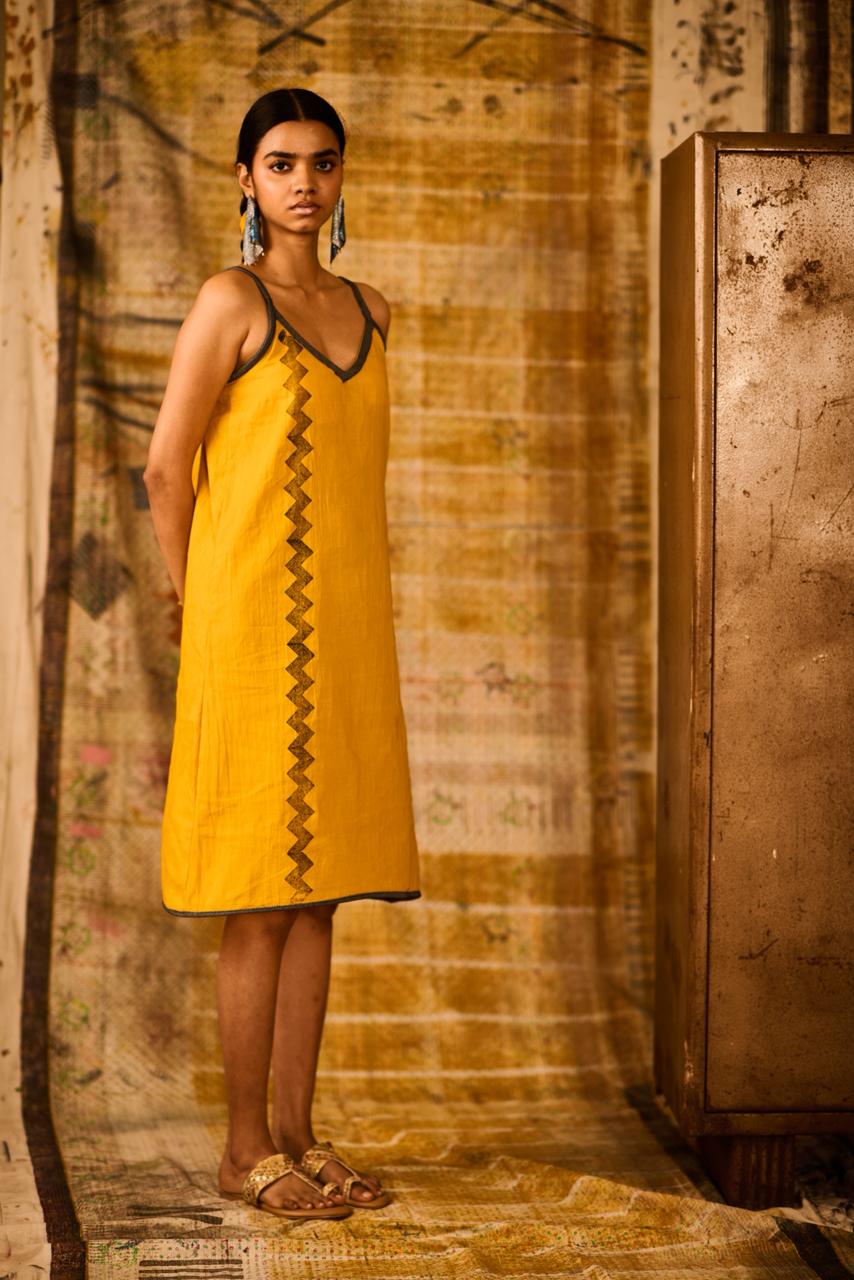 Sequence Zig Zag Mustard Dress with Lining