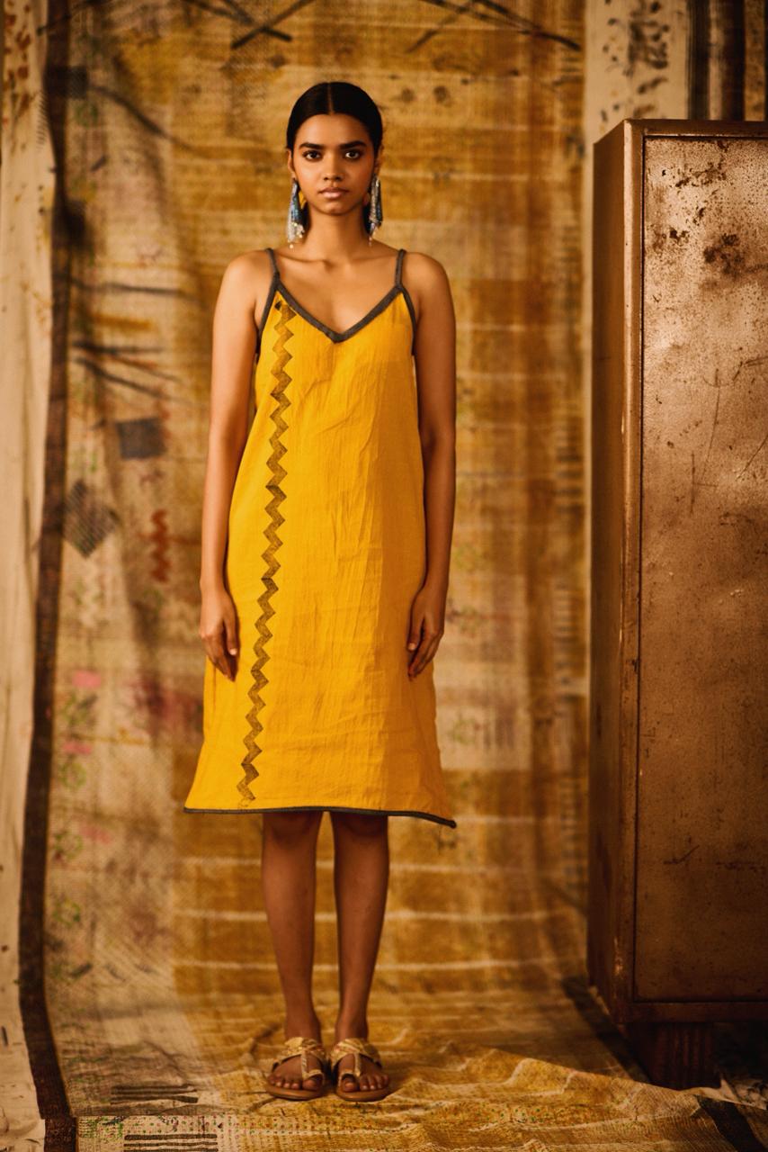 Sequence Zig Zag Mustard Dress with Lining