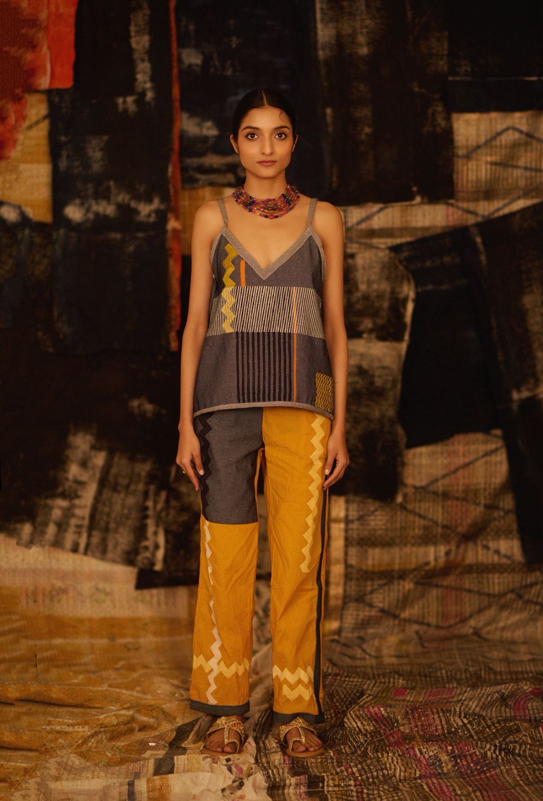 Sequence Repeat Mustard Coordinate with Denim Edges (Set of 2)