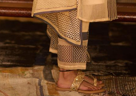 Sequence Beige Chock Block Kota Kurta and Pants with Slip (Set of 2)