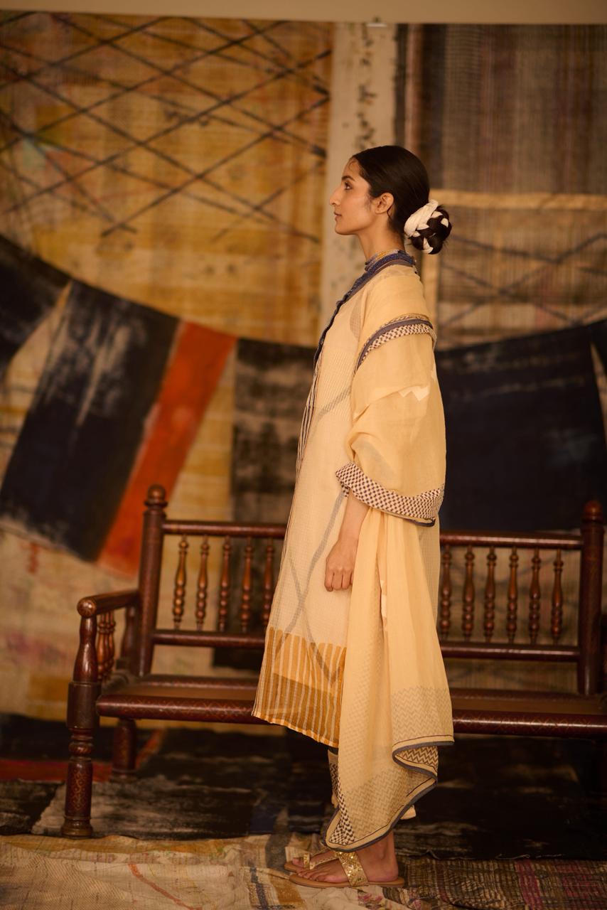 Sequence Beige Chock Block Kota Kurta and Pants with Slip (Set of 2)