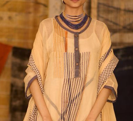 Sequence Beige Chock Block Kota Kurta and Pants with Slip (Set of 2)