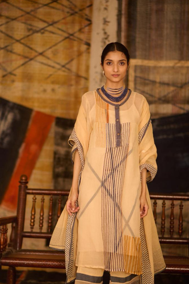 Sequence Beige Chock Block Kota Kurta and Pants with Slip (Set of 2)