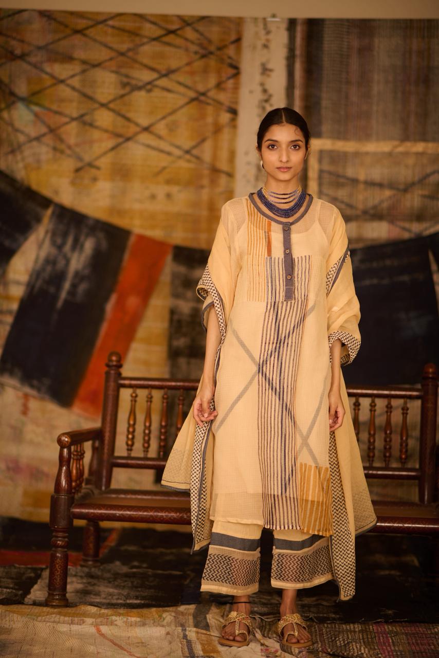 Sequence Beige Chock Block Kota Kurta and Pants with Slip (Set of 2)