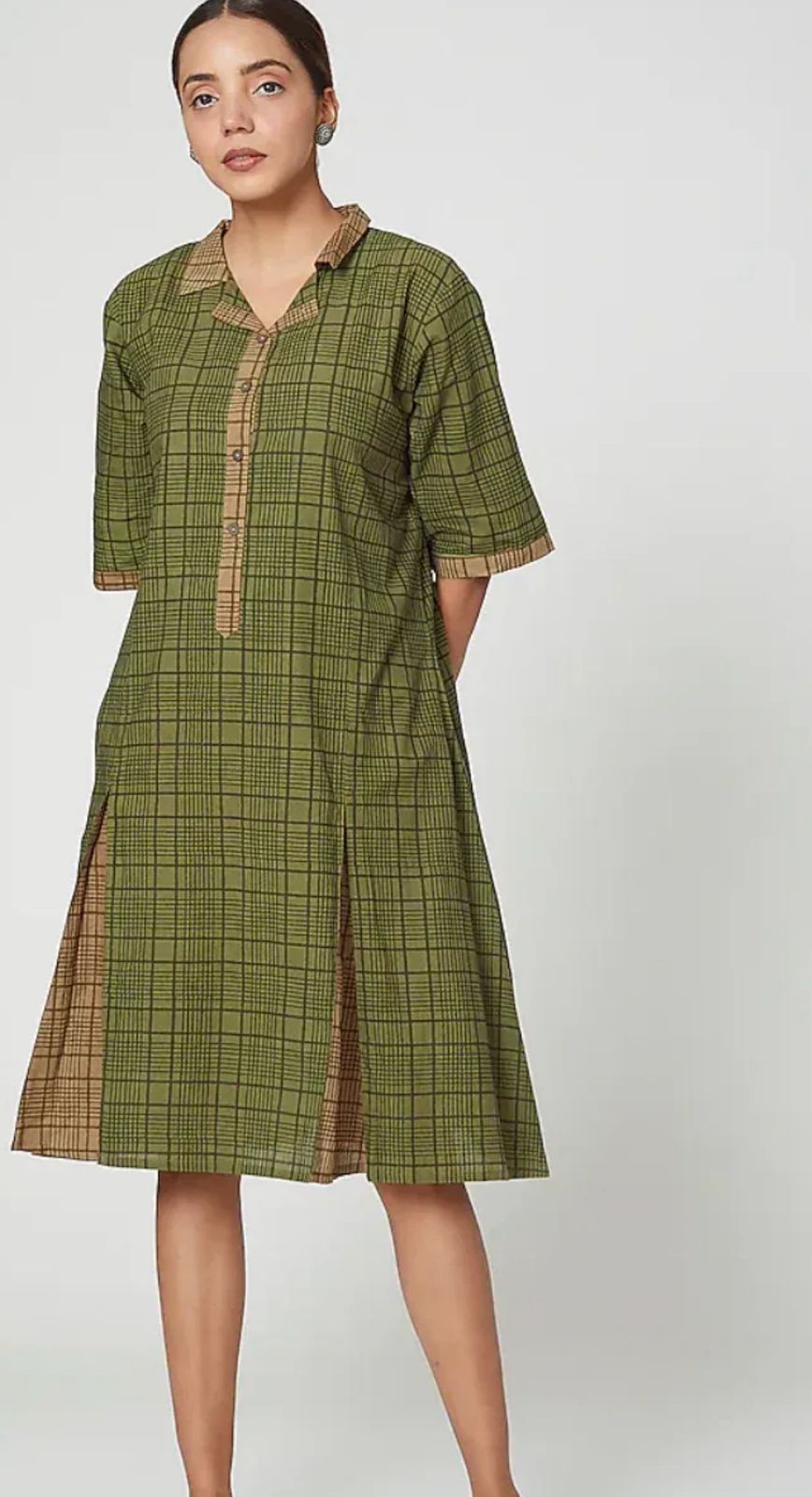 Olive Green Cotton Hand Block Printed Midi Dress I CLEARANCE SALE