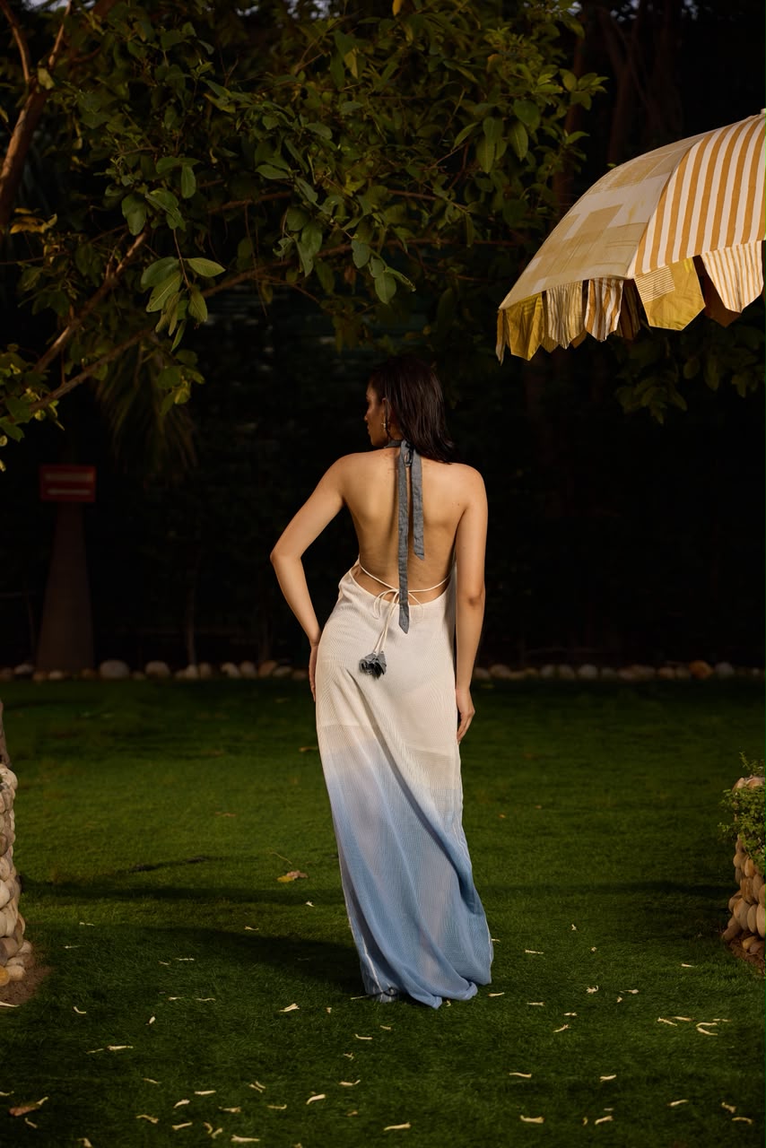 Weekend Blue Lagoon Floor Length Halter Long Dress with lining