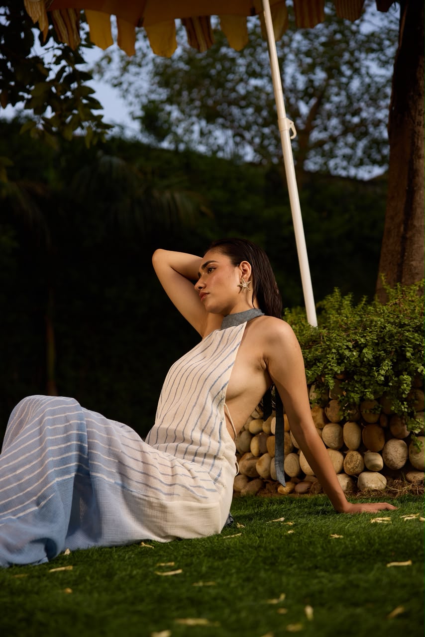 Weekend Blue Lagoon Floor Length Halter Long Dress with lining