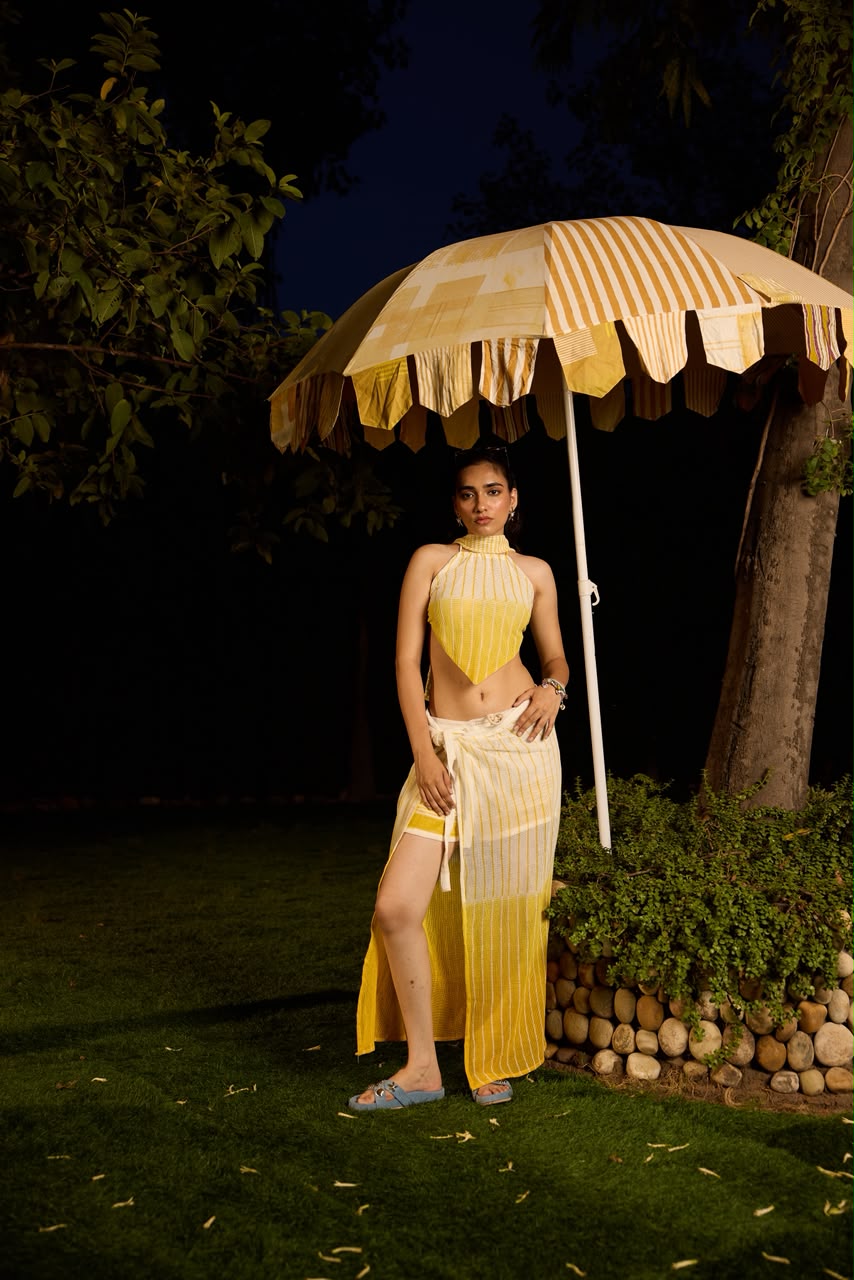 Weekend Butter Yellow Mesh Coordinate with Sarong Skirt (Set of 3)