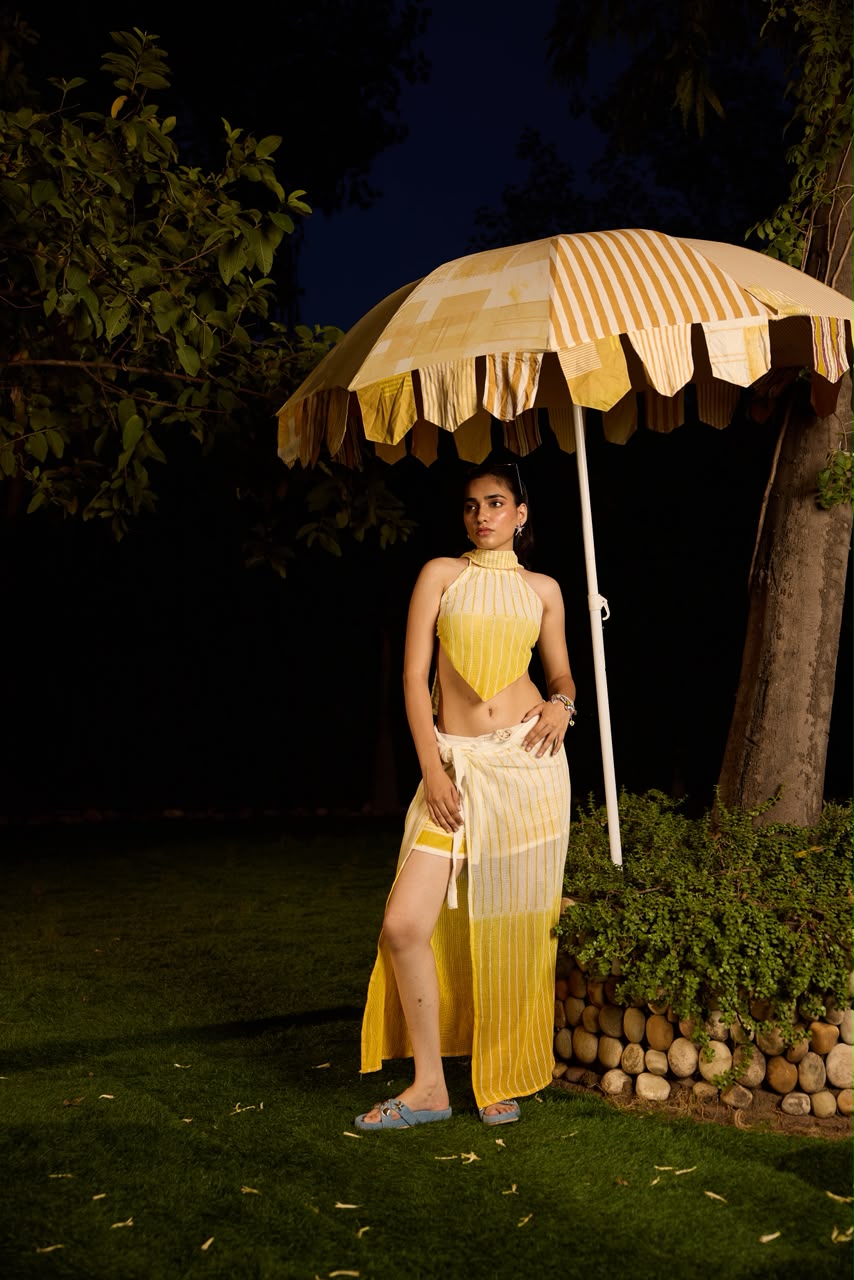 Weekend Butter Yellow Mesh Coordinate with Sarong Skirt (Set of 3)