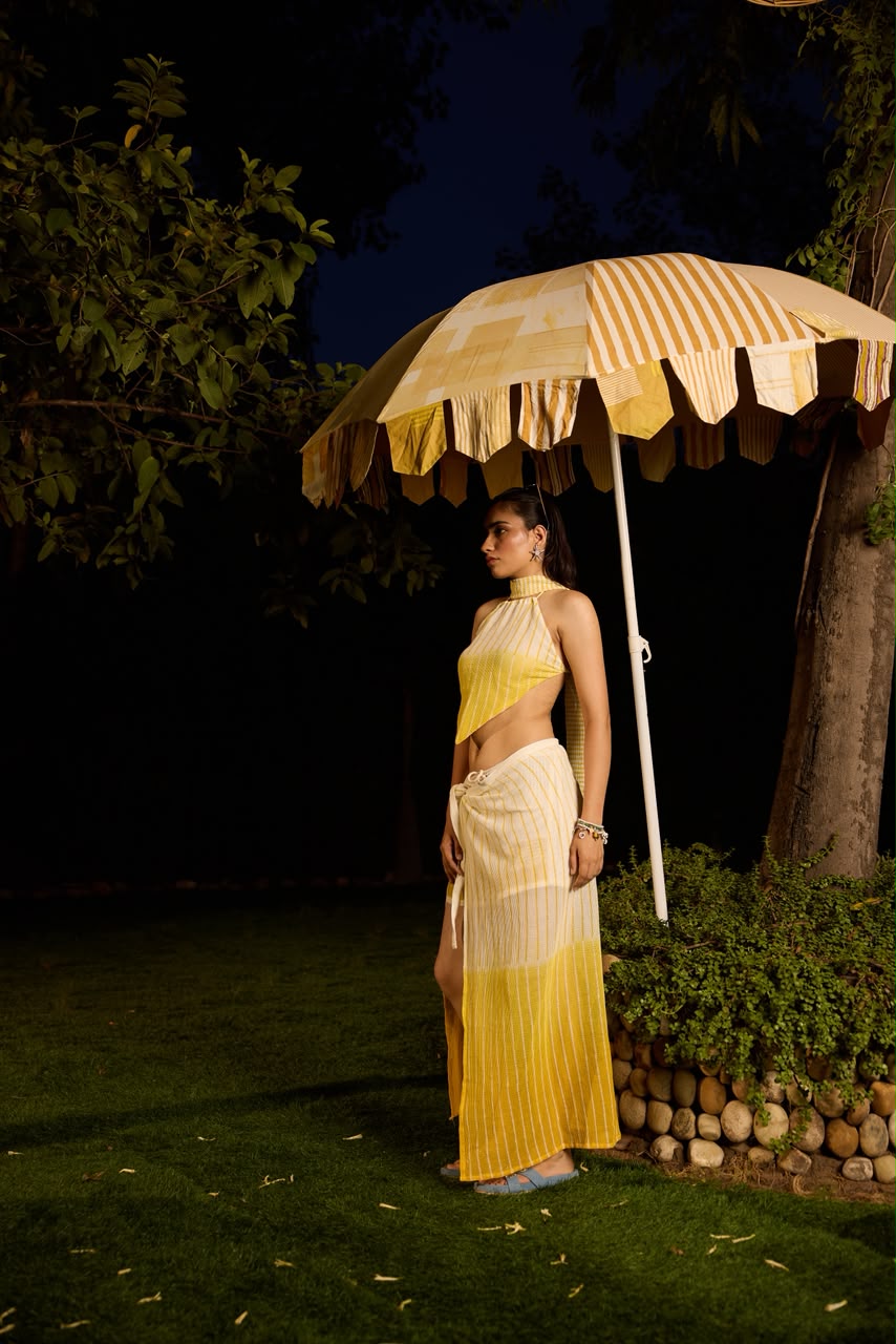 Weekend Butter Yellow Mesh Coordinate with Sarong Skirt (Set of 3)