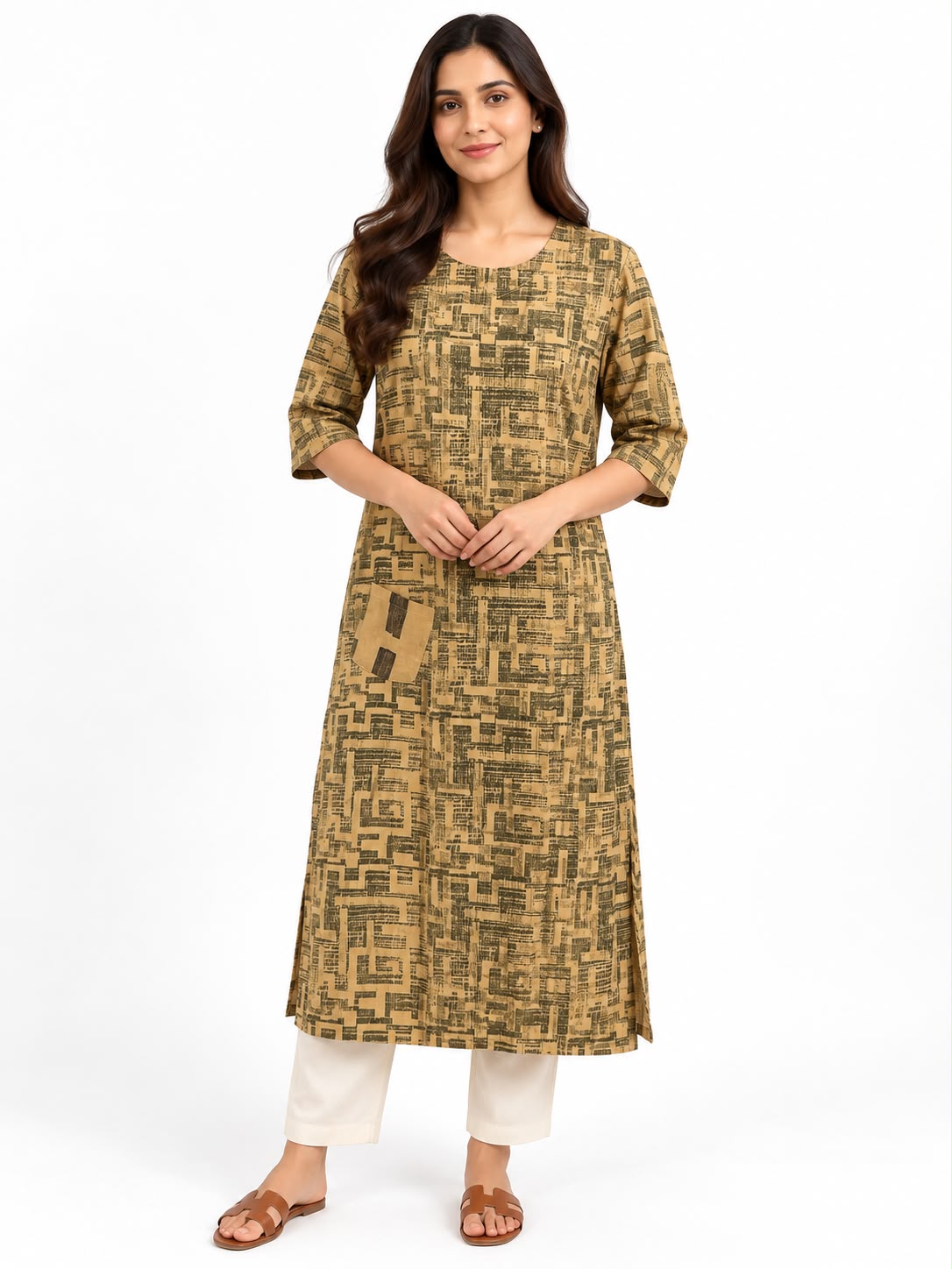 Beige Printed Kurta Round Neck I CLEARANCE SALE