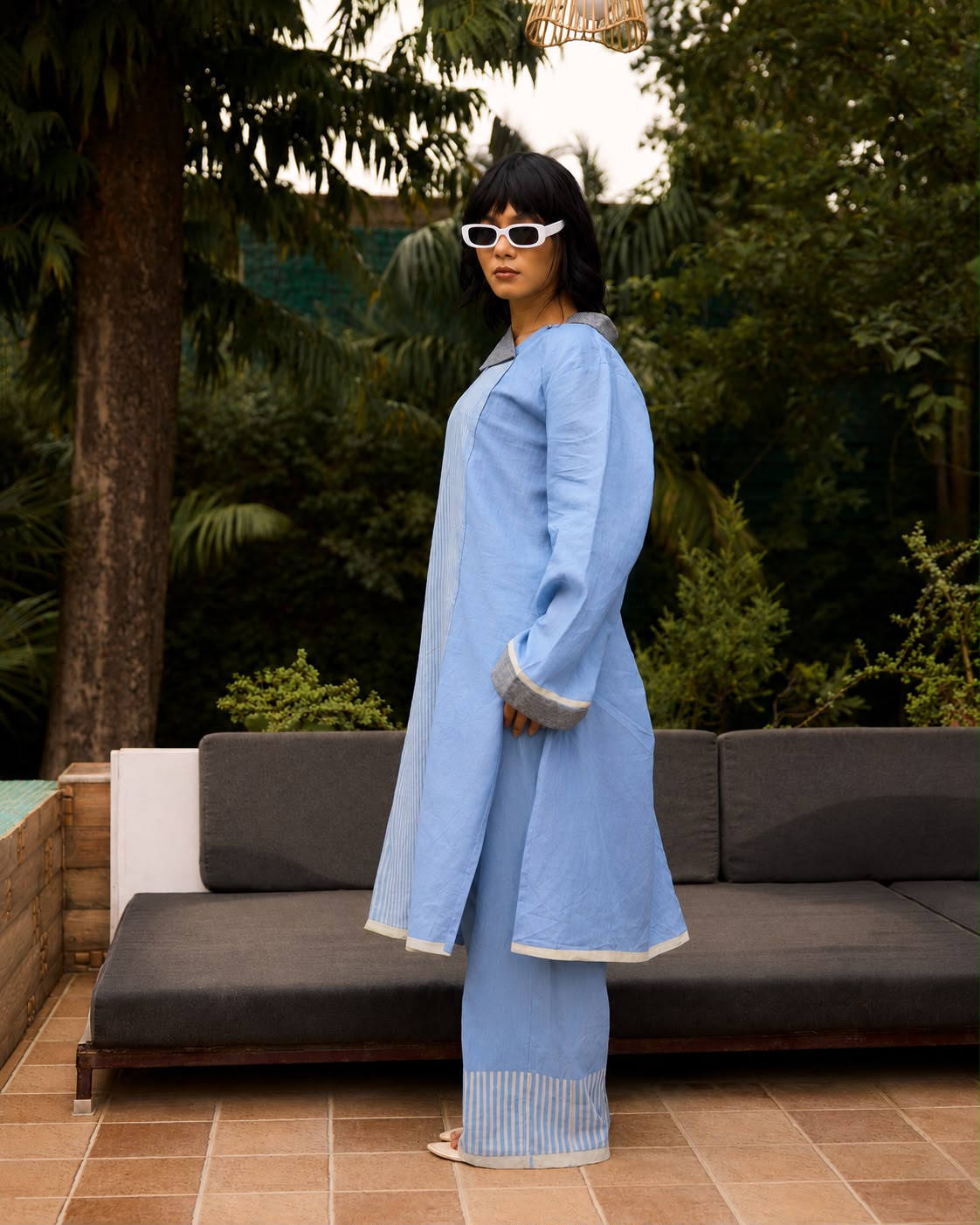 Weekend Blue Lagoon Collar Kurta with Denim Collar