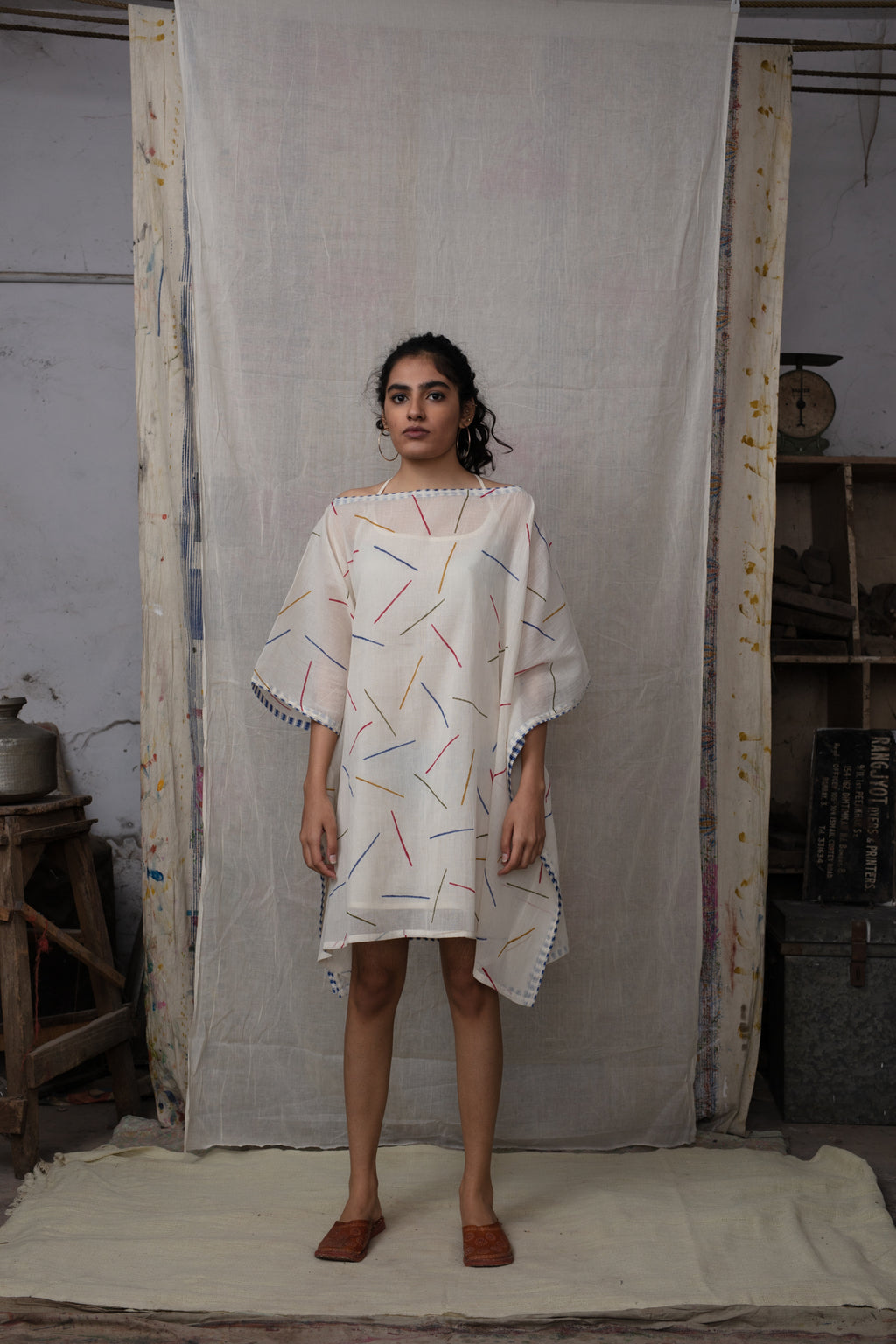 Sprinkles White Kaftan with Indigo block printed Stole