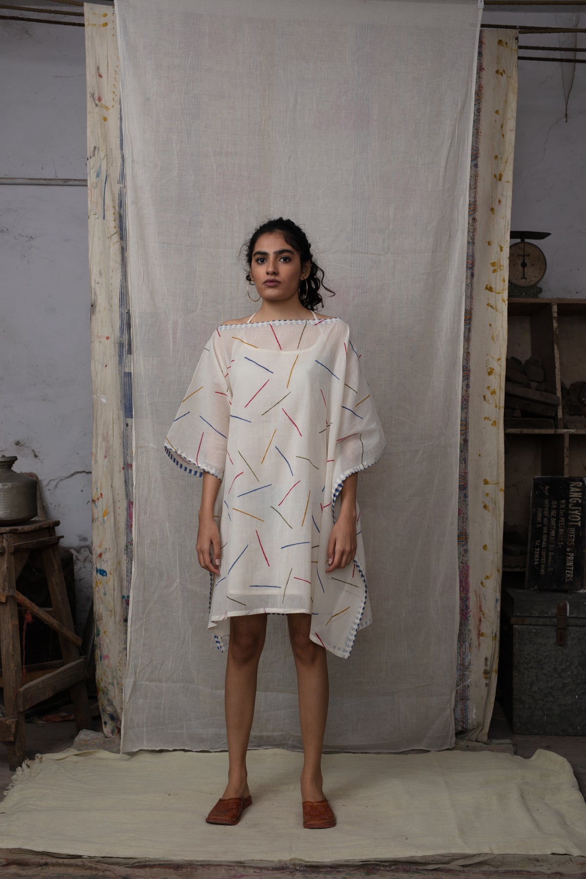 Sprinkles White Kaftan with Indigo block printed Stole