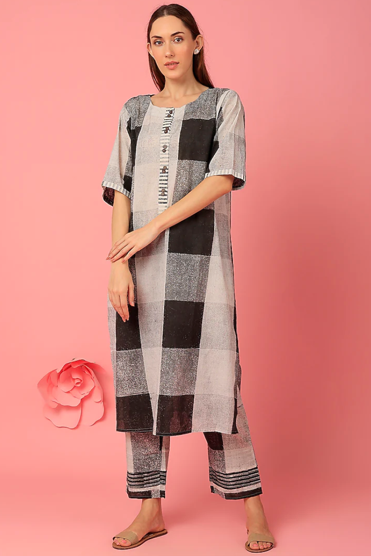 Black & White Boxy Kurta Set (Set of 3)