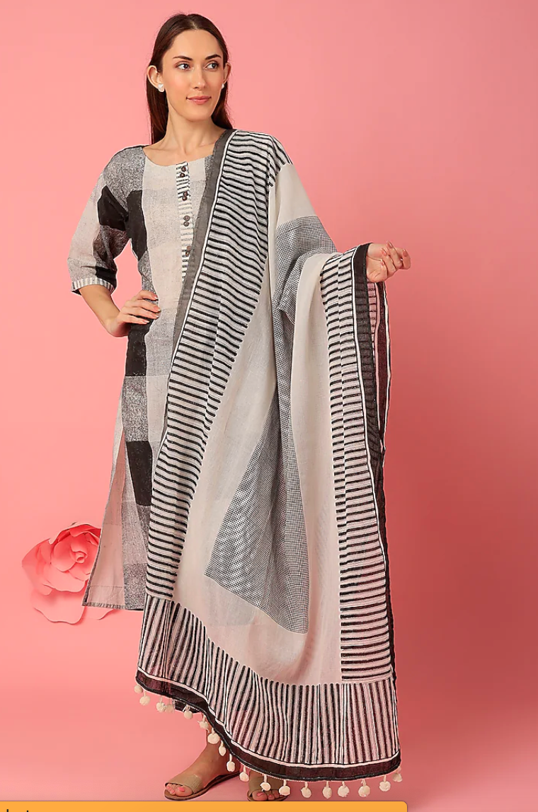 Black & White Boxy Kurta Set (Set of 3)