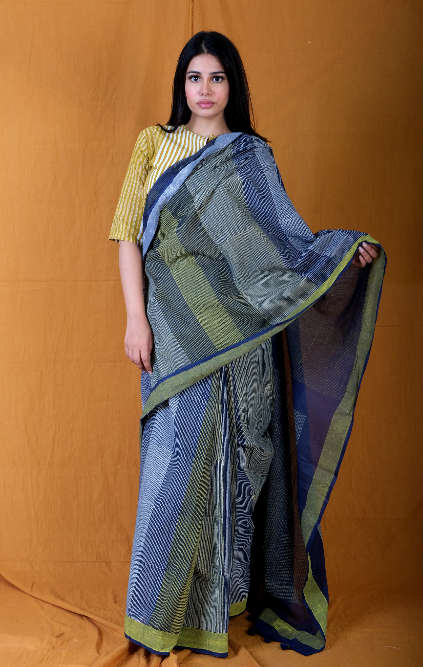 Twister Navy Micro Saree with Yellow Crop Top