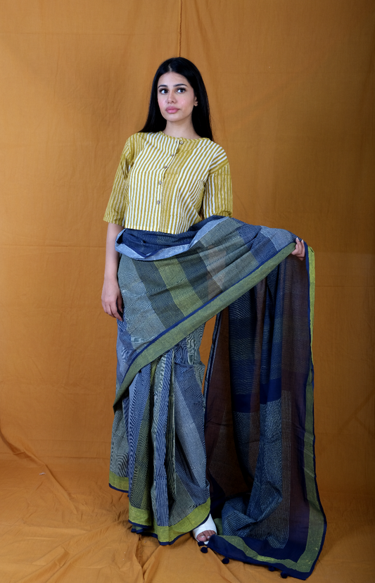 Twister Navy Micro Saree with Yellow Crop Top