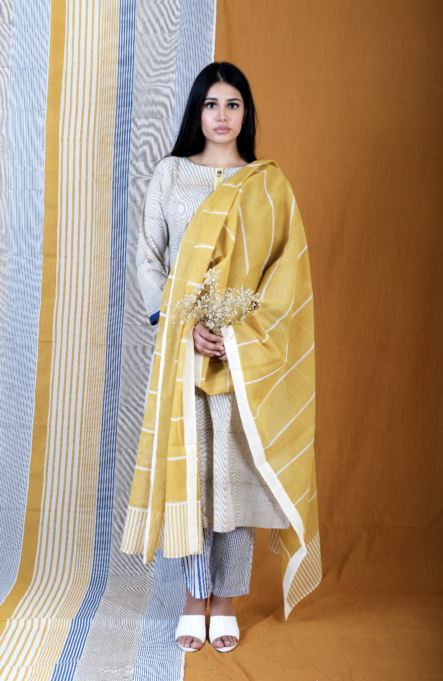 Twister Flabber Handblock Printed Yellow Dupatta