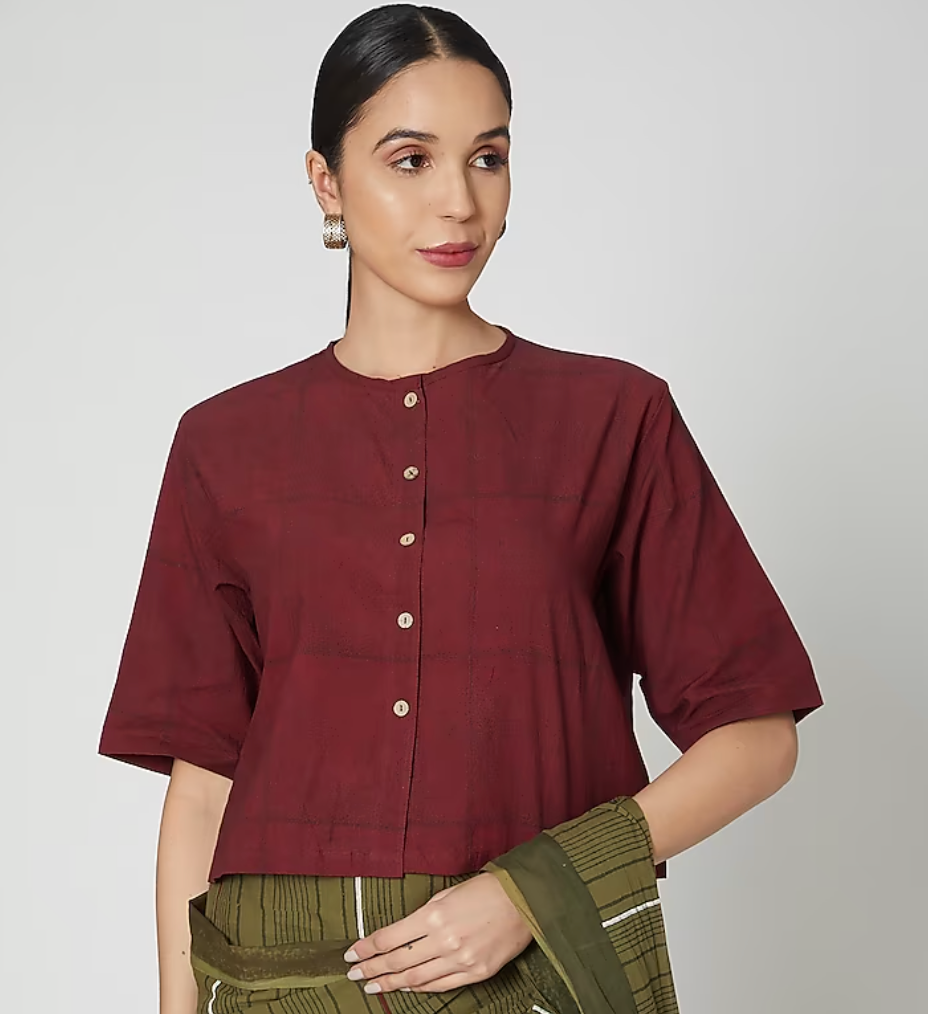 Olive Green Striped Saree with Maroon Crop Top