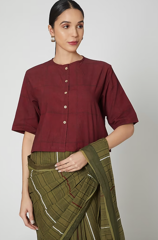 Maroon Block Printed Crop Top