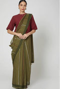 Olive Green Striped Saree with Maroon Crop Top - BANANA labs