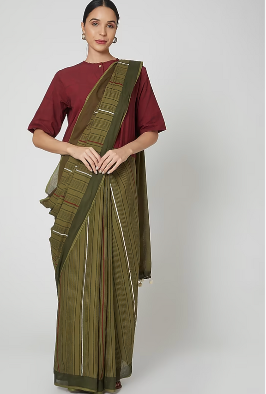 Olive Green Striped Saree with Maroon Crop Top