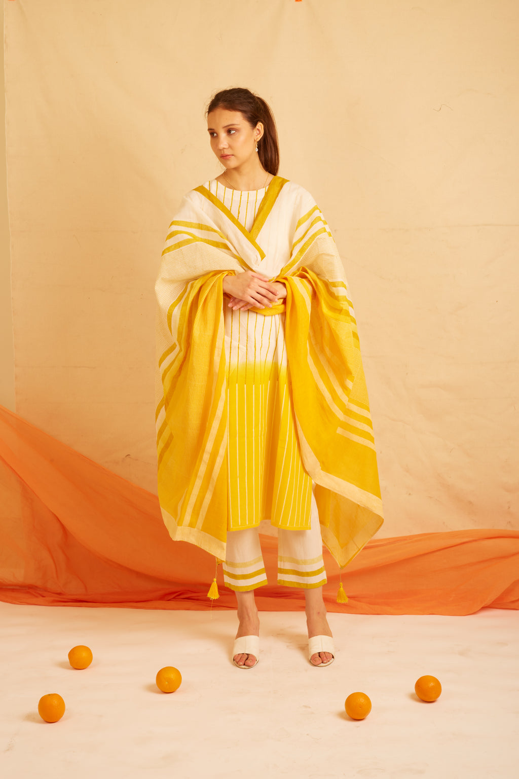 BANANA Yellow And White Macro Striped Dupatta