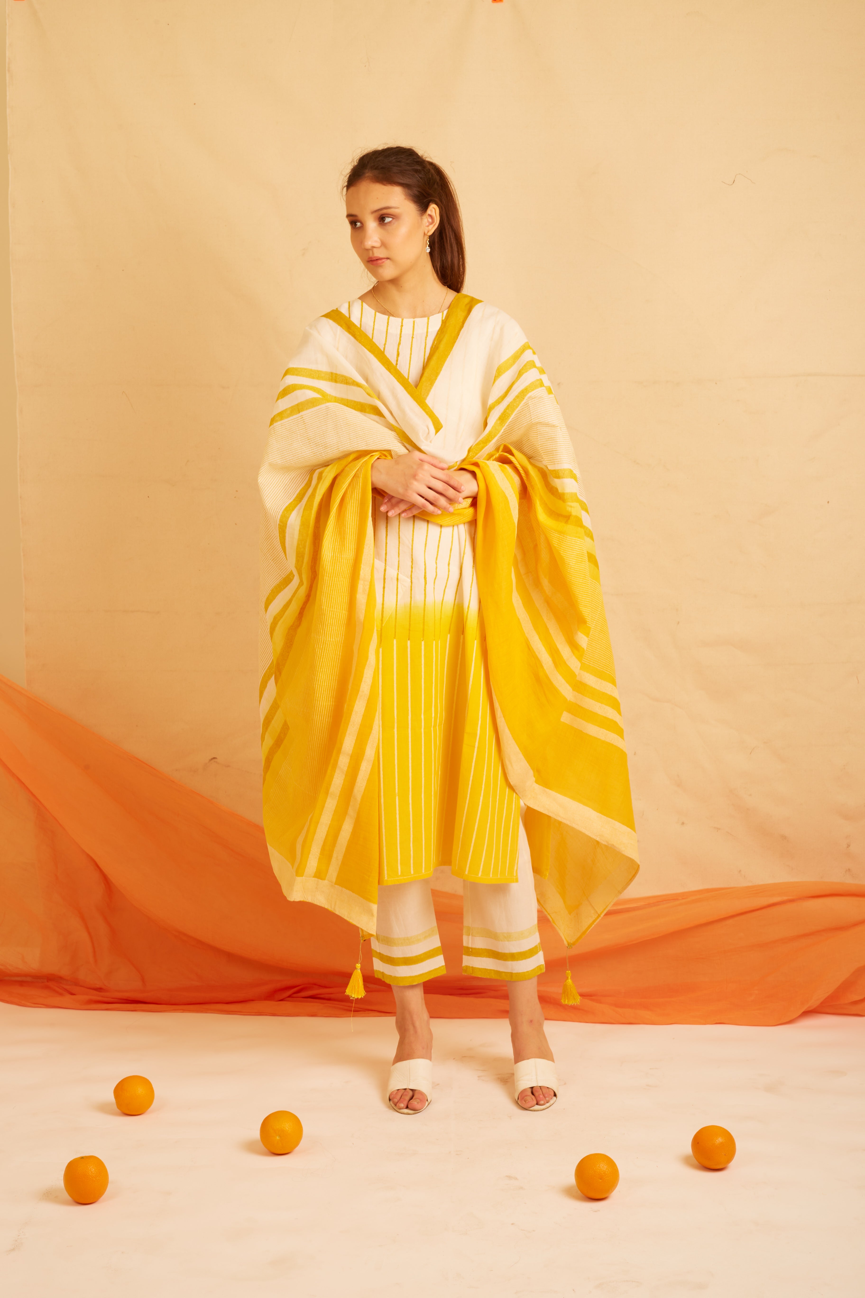 BANANA Yellow And White Macro Striped Dupatta