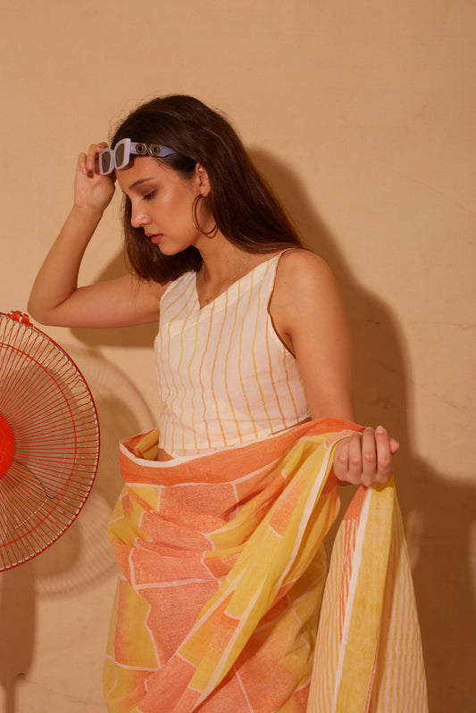 Banana Orangey Yellow Saree with Dandelion Crop top